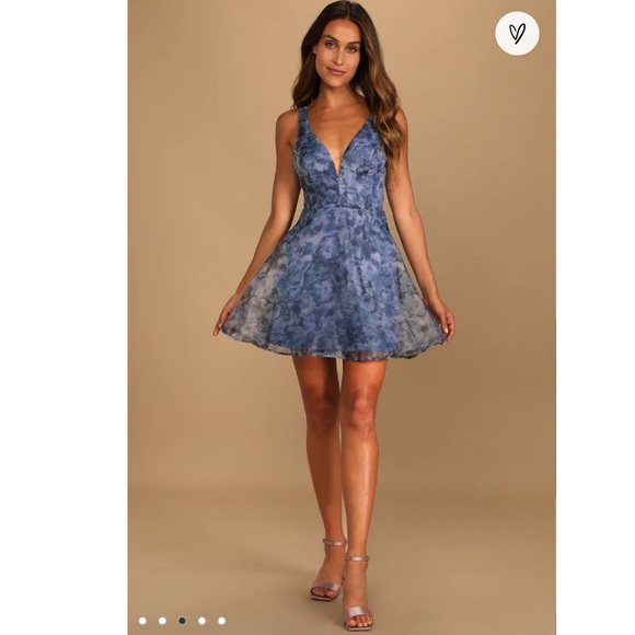Lulus Dresses & Skirts - NWOT Lulus Imagine Romance Denim Blue Floral Print Organza Skater Dress